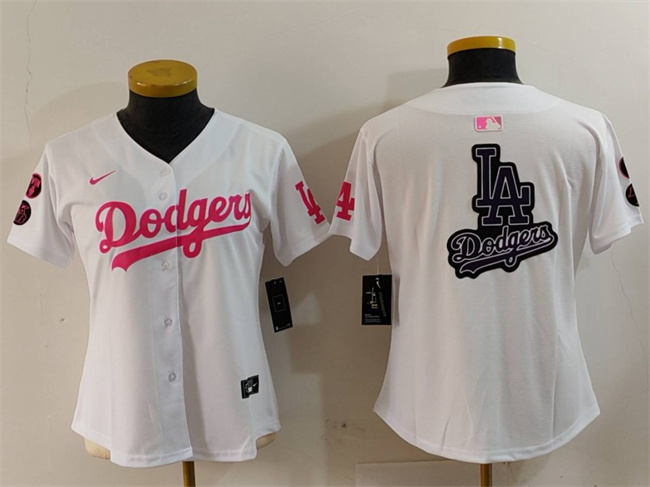 Youth Los Angeles Dodgers Team Big Logo White/Pink Vin & Kobe Patch Stitched Baseball Jersey Youth Los Angeles Dodgers Team Big Logo White/Pink Vin & Kobe Patch Stitched Baseball Jersey